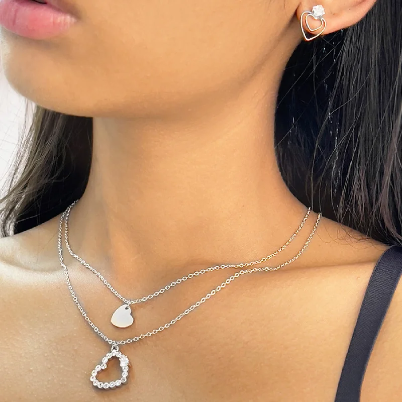 Surf motif earrings-Set Of Two Heart & Diamante Studded Layered Mini Pendant Silver-Toned Necklace & Earrings