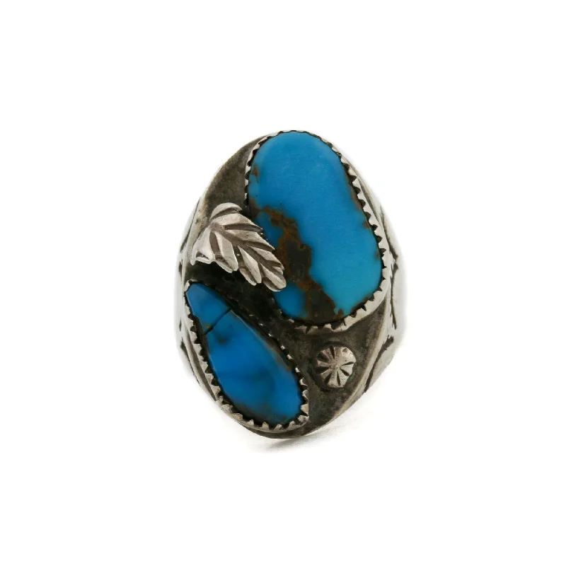 Sleek modern rings-Twin 1970's Royal Blue Turquoise Leaf-Motif Navajo Ring