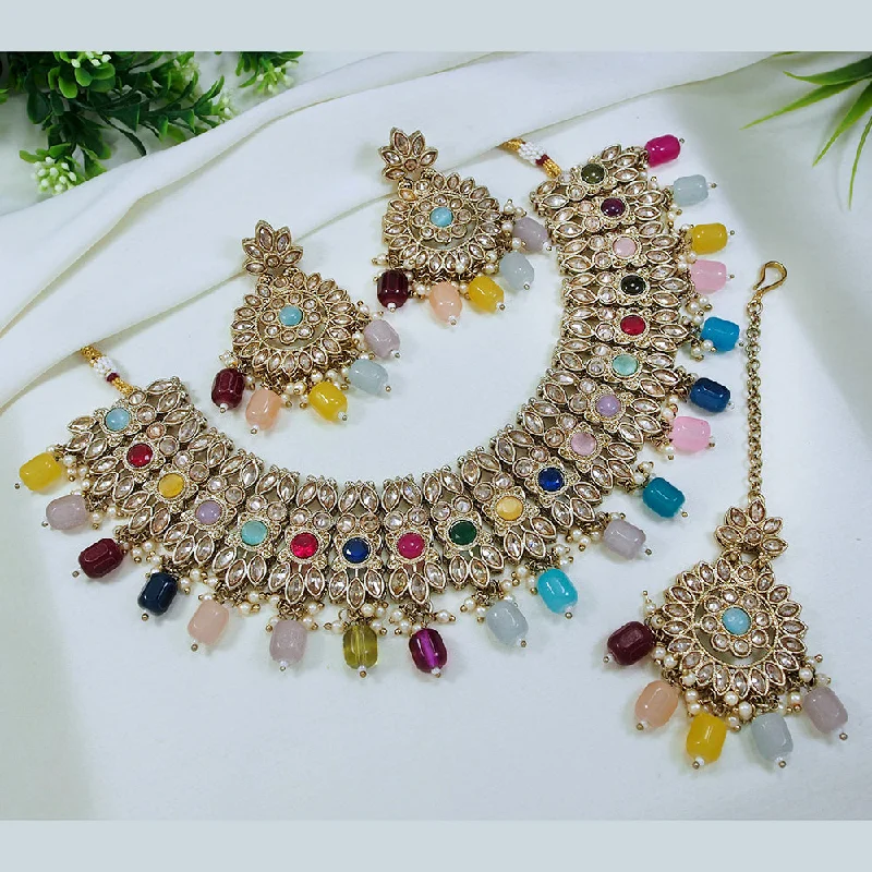 Worn charm necklaces-LALSO Designer  Gold plated Zircon Work Necklace Jewelry Set With Maangtika