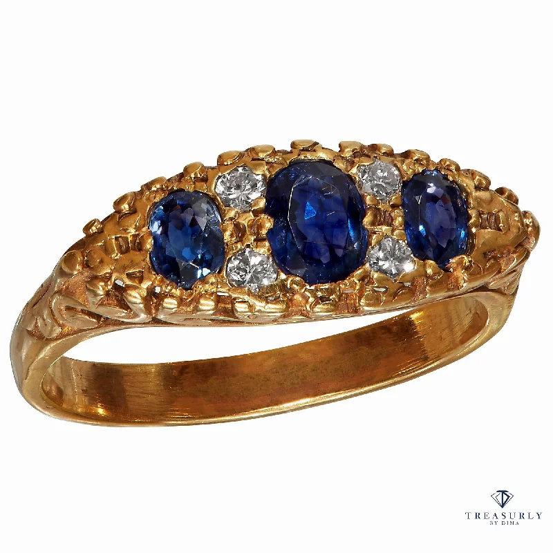 Wide gold rings-Victorian Revival 1.09ct Vintage GIA Blue Sapphire & Diamond Trilogy 16k Gold Ring