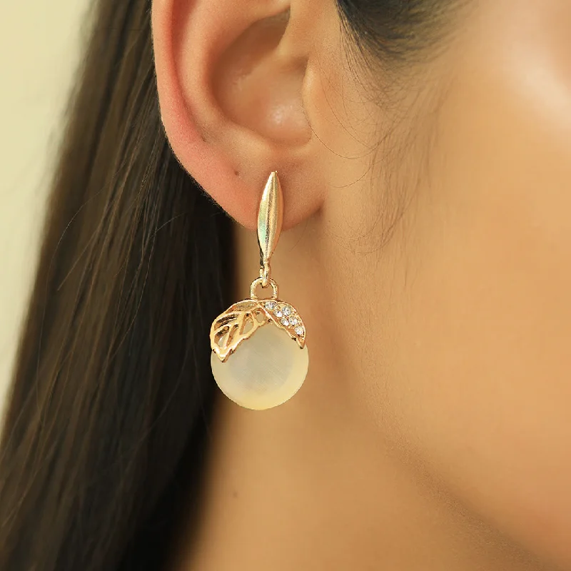 Lustrous pearl earrings-Elegant Leaf Pattern Gold-Toned Earrings With Moonstone And Diamonti Drops