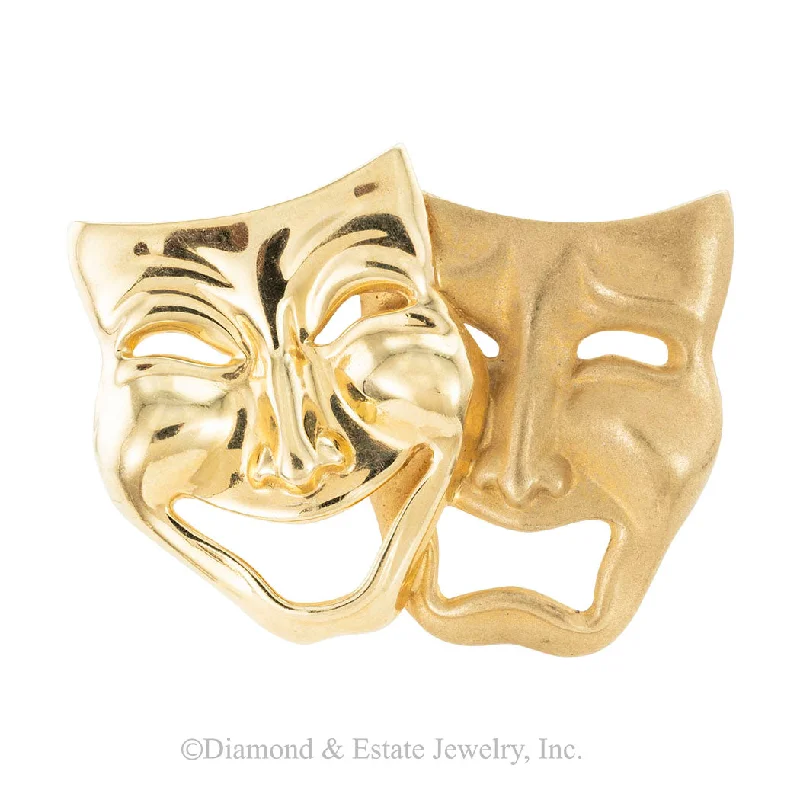 Pure modern brooch-Comedy Tragedy Masks Yellow Gold Brooch