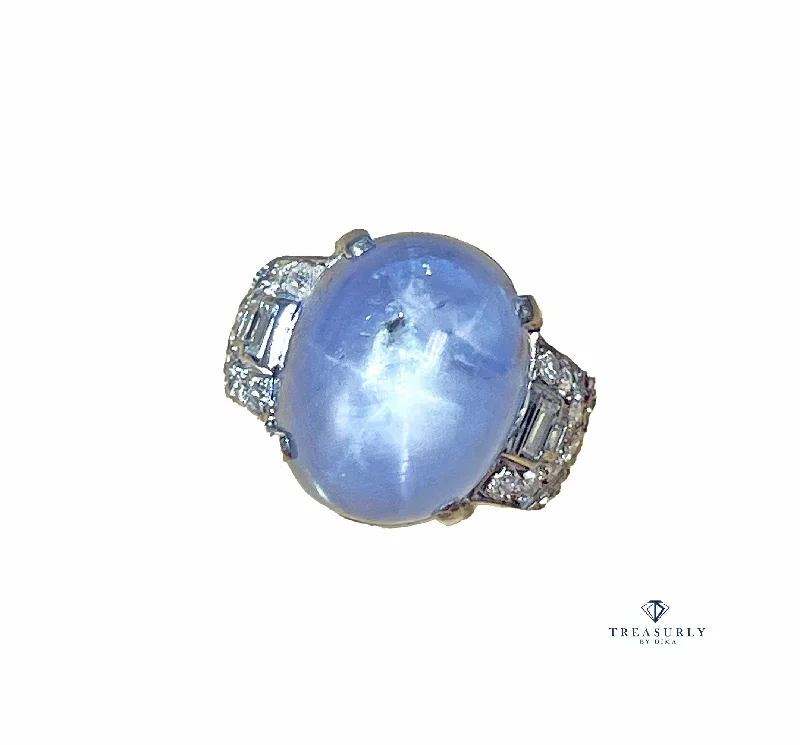 Sapphire stone rings-Art Deco GIA 26.5ct Natural No-Heat Star Blue Sapphire Platinum Diamond Ring