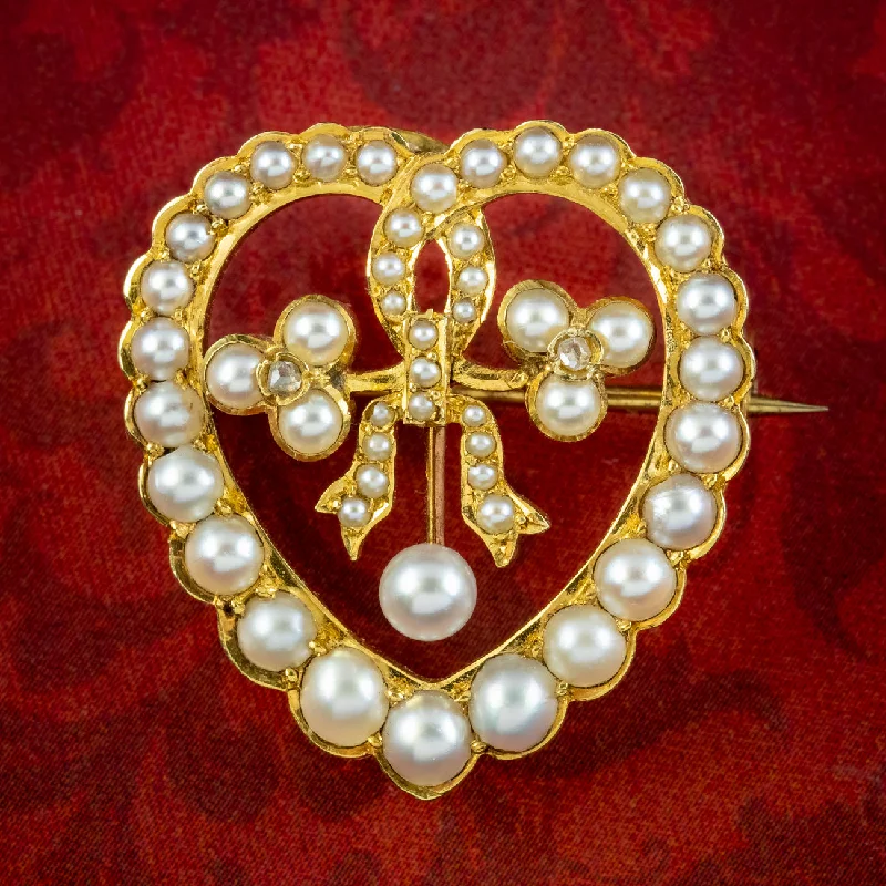 Faith charm brooch-Antique Edwardian Pearl Diamond Heart Brooch 15ct Gold