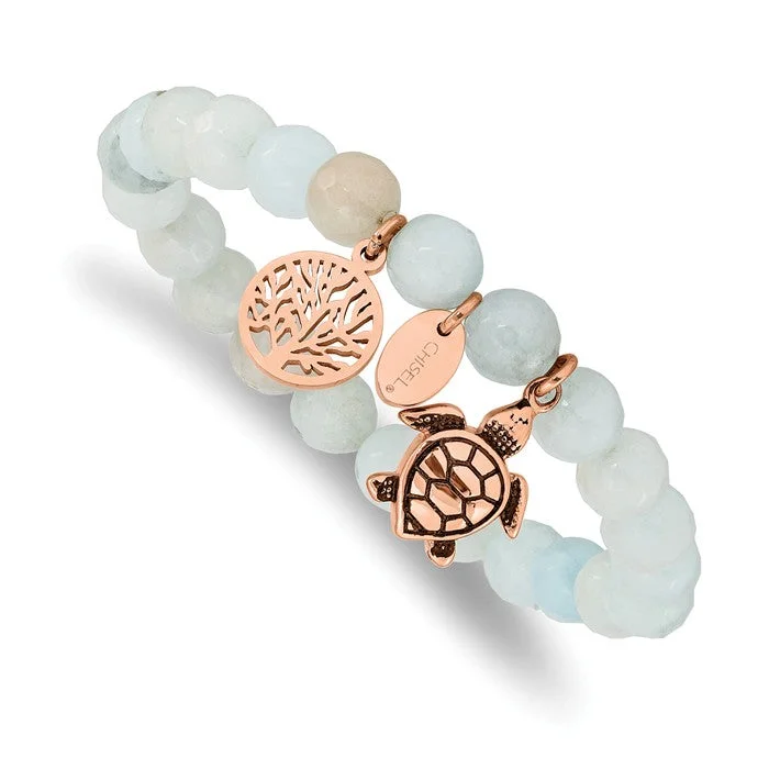 Satin gloss bangles-Stainless Steel Rose Gold Turtle & Tree of Life Charm Grey Jade Stretch Bracelet