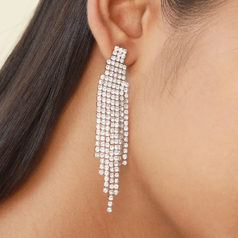 Linen thread earrings-Ayesha Contemporary White Diamante Crystal Studded Silver-Toned Long Tassel Drop Earrings