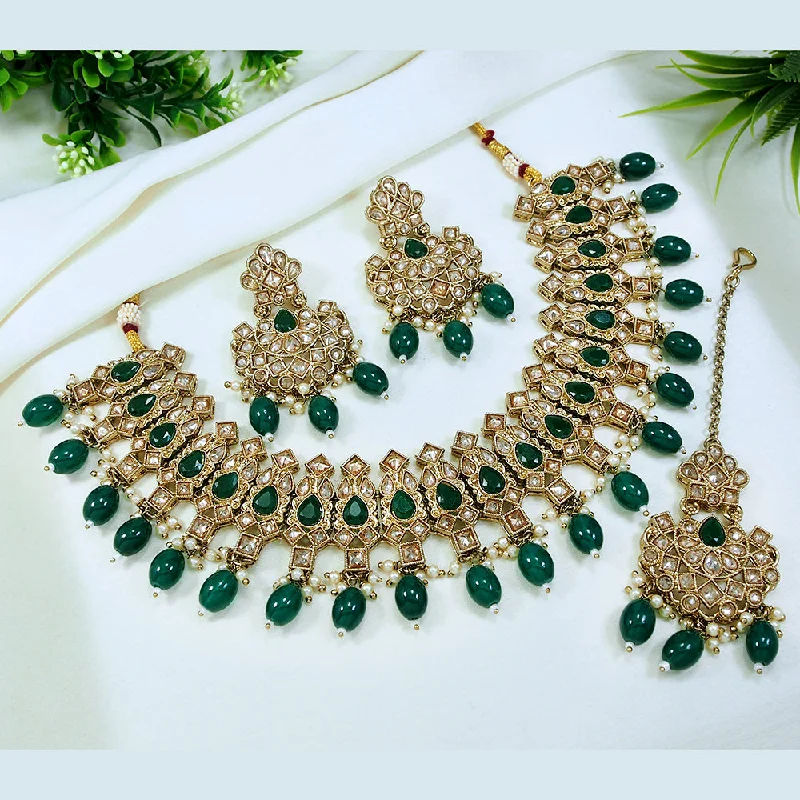 Linen thread necklaces-LALSO Stunning Gold plated Zircon Work Necklace Jewelry Set With Maangtika