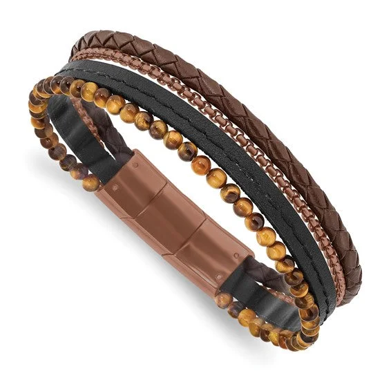 Frosted bead bangles-Stainless Steel Polished Brown IP Tiger's Eye Leather Bracelet