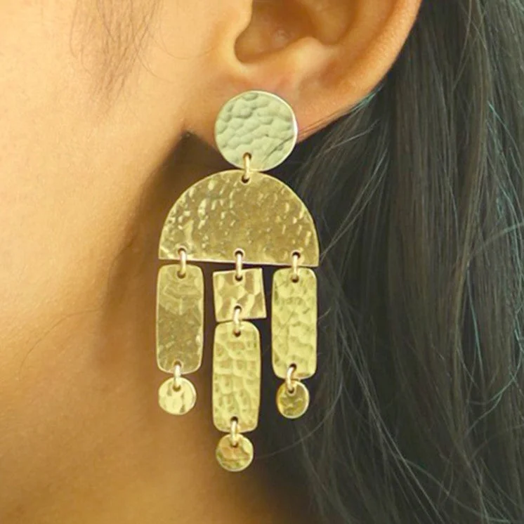 Thin threader earrings-HANDCRAFTED BRASS HAMMERED GEOMETRIC DROP EARRINGS