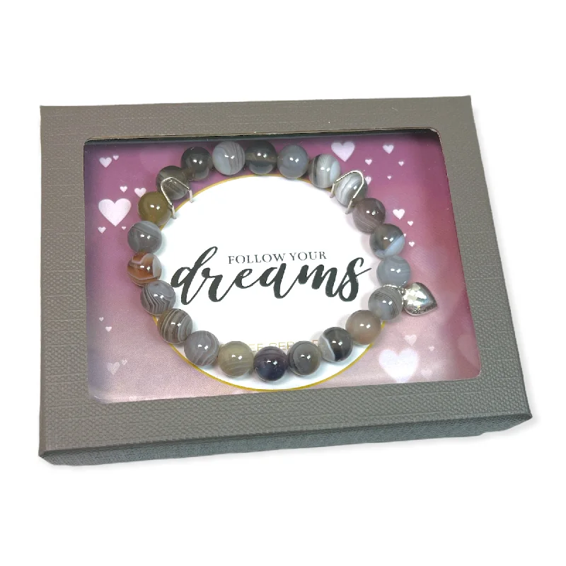 Small star bangles-Botswana Agate with Sterling Silver Heart Charm "Follow Your Dreams" Bracelet Gift Box