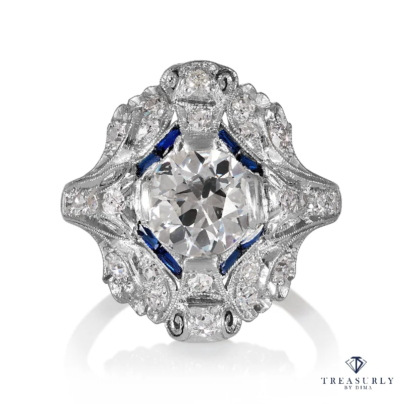 Vintage vow rings-Art Nouveau 2.50ctw GIA Old European Cut Diamond and Blue Sapphire Platinum Ring