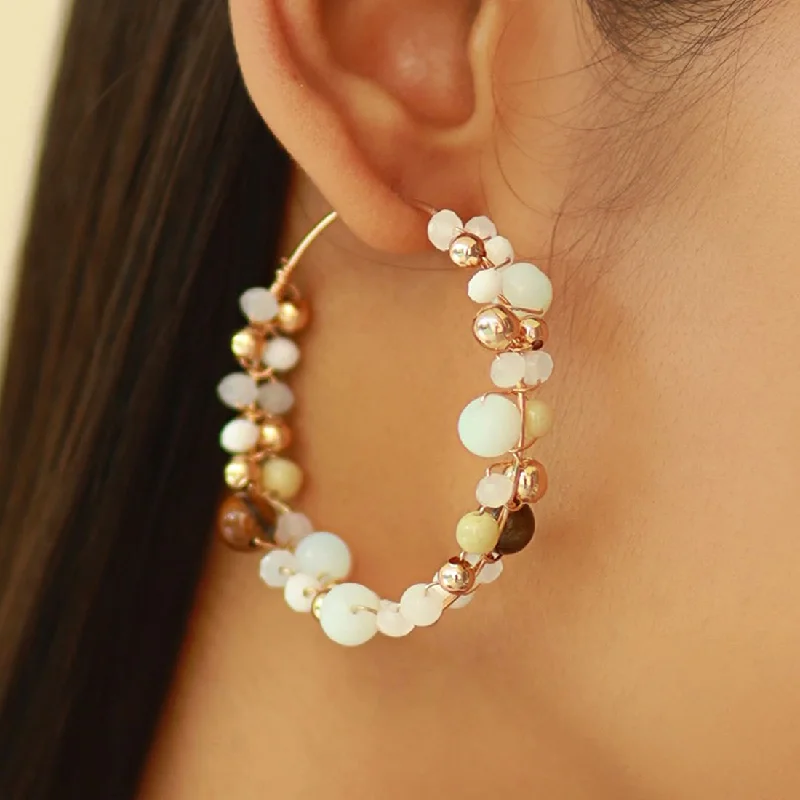 Pure stone earrings-White and Gold Color Oversized Beaded Boho Hoop Earrings for Women