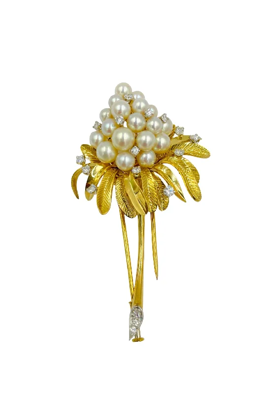 Agate inlay brooch-Tiffany Pearl Diamond Yellow Gold Brooch