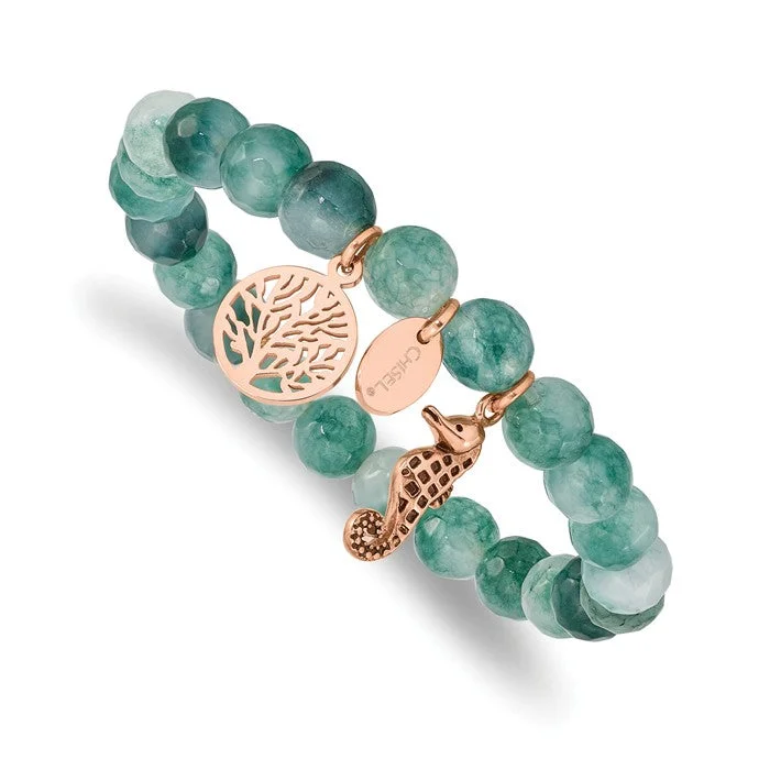 Oval charm bangles-Stainless Steel Rose Gold Seahorse & Tree of Life Charm Green Jade Stretch Bracelet