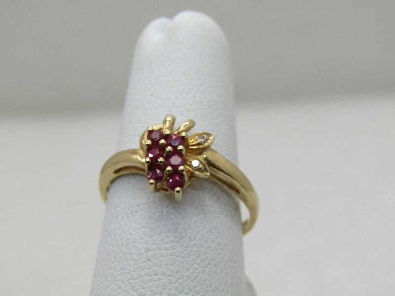 Wide gold rings-Vintage 10kt Red Spinel & Diamond Ring, Sz. 6.5, Floral Design