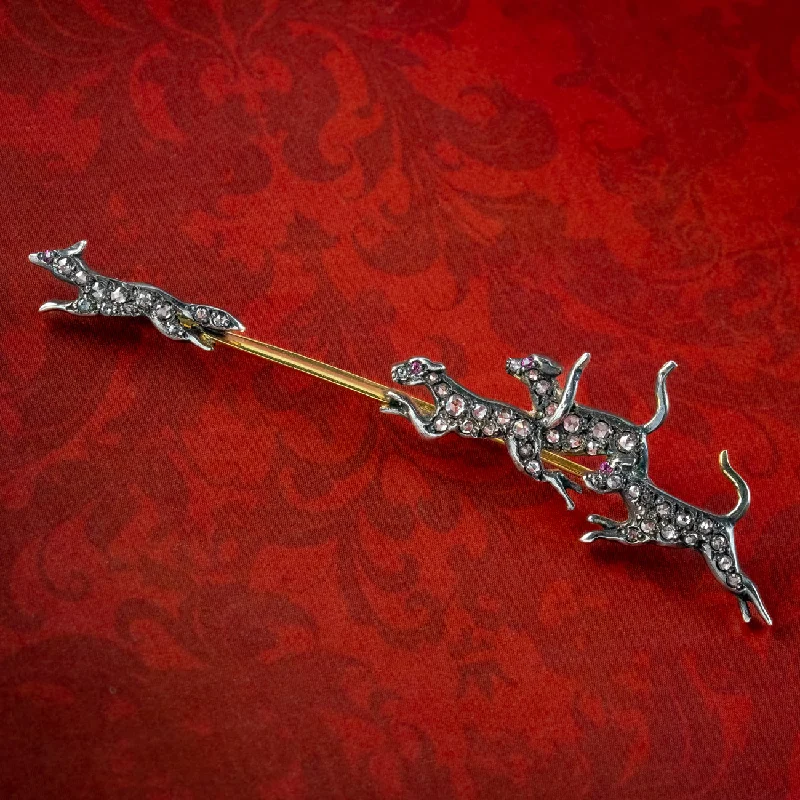 Whimsical brooch-Victorian Style Diamond Fox And Hound Bar Brooch