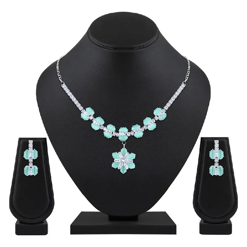 Minimal gem necklaces-Mahi Rhodium Plated Light Green Cubic Zirconia (CZ) Floral Women's Necklace Set (NL1103820RLGre)