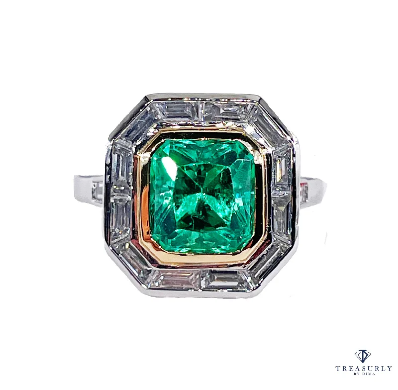 Luxe diamond rings-AGL Insignificant VVS 4.66ctw Natural Green Emerald Diamond Platinum 18k YG Ring