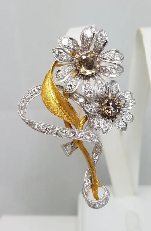 Topaz inlay brooch-Exquisite 18k Yellow Gold & Platinum Natural Diamond Flower Brooch Pin