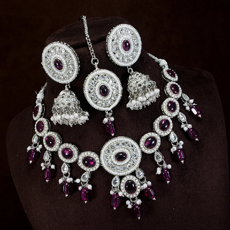 Crystal weave necklaces-LALSO Marvelous Silver plated Zircon Work Necklace Jewelry Set With Maangtika