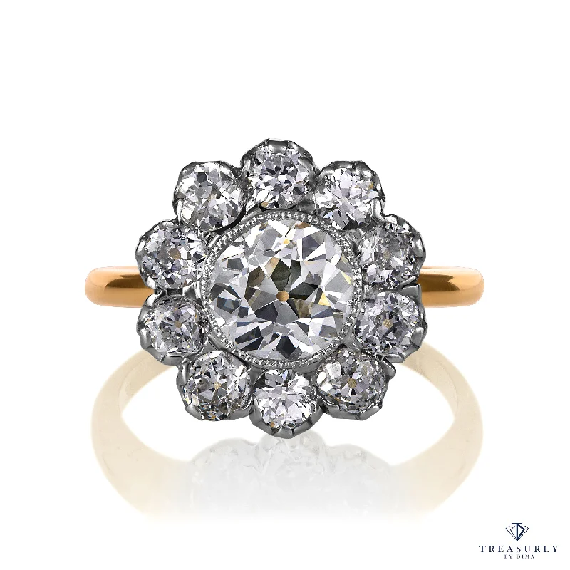 Round gem rings-Edwardian GIA 3.17ctw Antique OLD EUROPEAN Diamond Cluster 18K Gold Platinum Ring