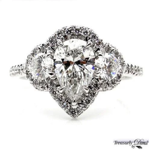 Antique promise rings-PEAR SHAPED DIAMOND THREE STONE WITH HALO ENGAGEMENT WEDDING RING