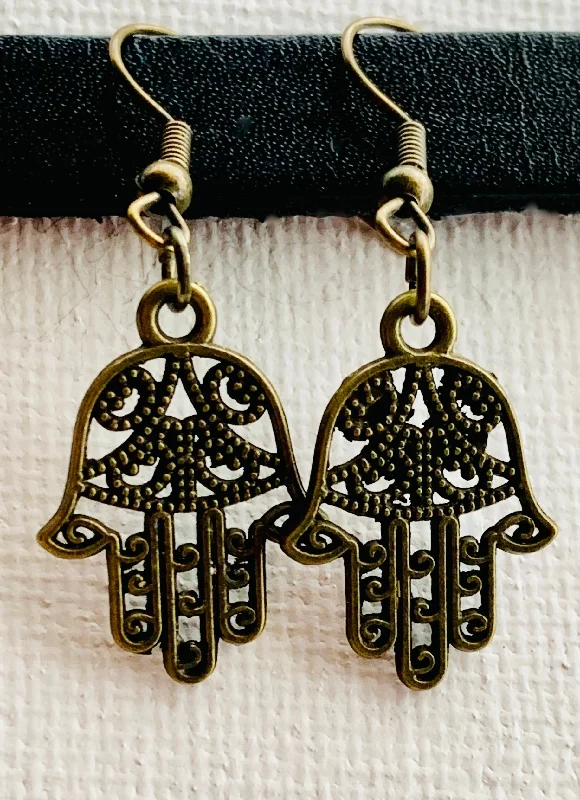 Onyx stone earrings-Hamsa Handmade Antique Gold Earrings