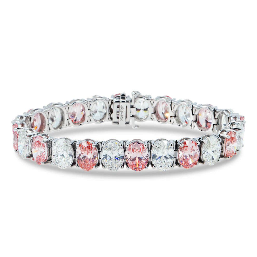 Polished silver bangles-Kya 38 Carats Oval Cut White & Fancy Pink Diamond Bracelet in 14K White Gold