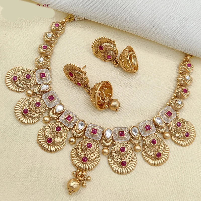 Light wood necklaces-Jewel Addiction Gold Plated Pota Stone And Meenakari Necklace Set