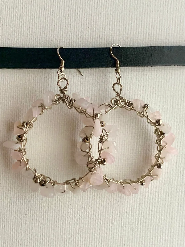 Topaz stud earrings-Aphrodite Handmade Genuine Rose Quartz Wire Wrapped Hoop Earrings