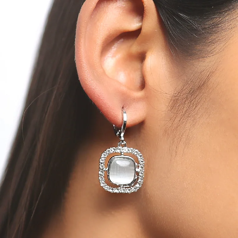 Tiny bead earrings-Square White Moonstone With Diamante Studs Silver-Toned Hoop Drop Earrings