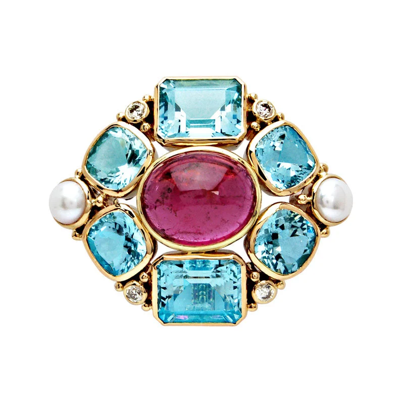 Quirky design brooch-Brooch-Aquamarine, Rubellite, Pearl and Diamond