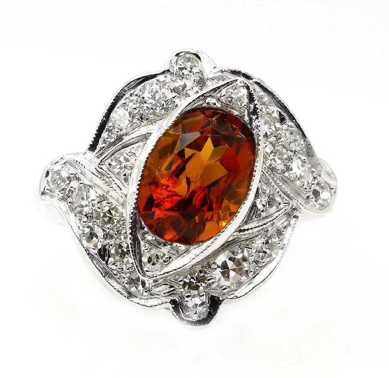 Topaz inlay rings-Art Deco 2.43ct Old European Antique Vintage Madeira Citrine and Diamond Platinum Ring