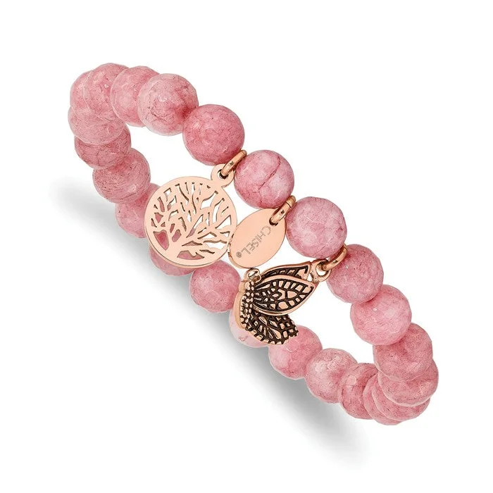 Wave motif bangles-Stainless Steel Rose Gold Butterfly & Tree of Life Charm Pink Jade Stretch Bracelet