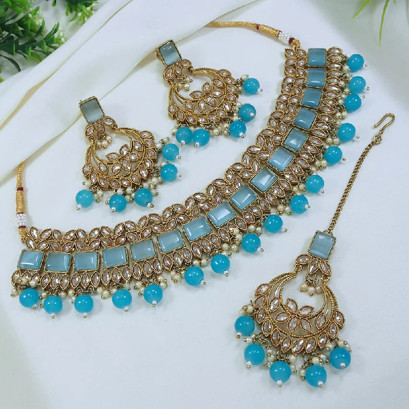 Sleek gem necklaces-LALSO Stunning Mehendi Gold plated AD/Zircon Work Necklace Jewelry Set With Maangtika