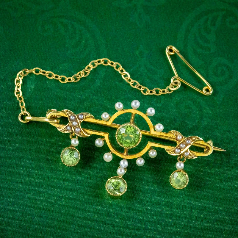 Subtle accent brooch-Antique Edwardian Peridot Pearl Brooch 15ct Gold