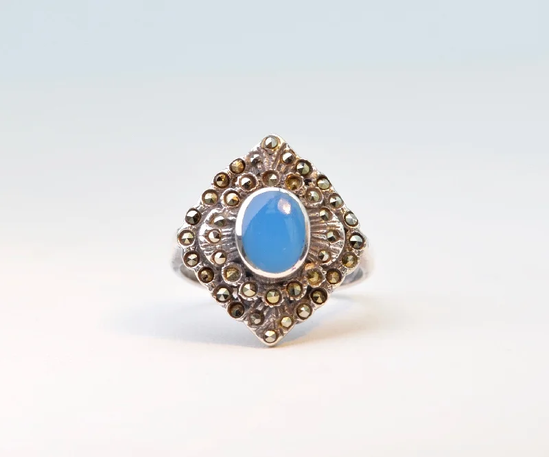 Fox design rings-Sterling Silver/Marcasite Ring with Blue Onyx Cabochon