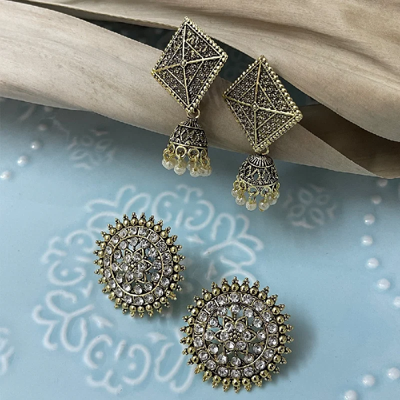 Thick stud earrings-Set Of Two Oxidized Gold Toned Rhinestone Circular Stud & Triangular Pearl Jhumka Earrings