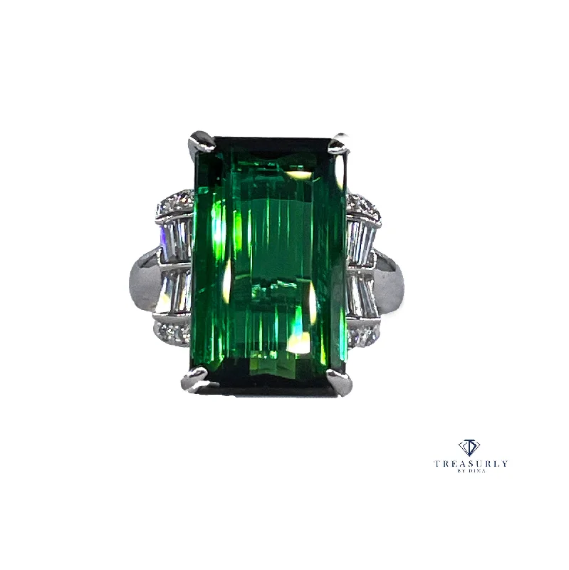 Thin frame rings-Original Art Deco GIA 12.18ctw Green Tourmaline Diamond Platinum Vintage Ring