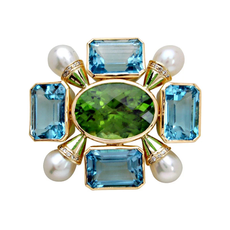 Frosted bead brooch-Brooch-Peridot, Blue Topaz, Pearl and Diamond (Enamel)