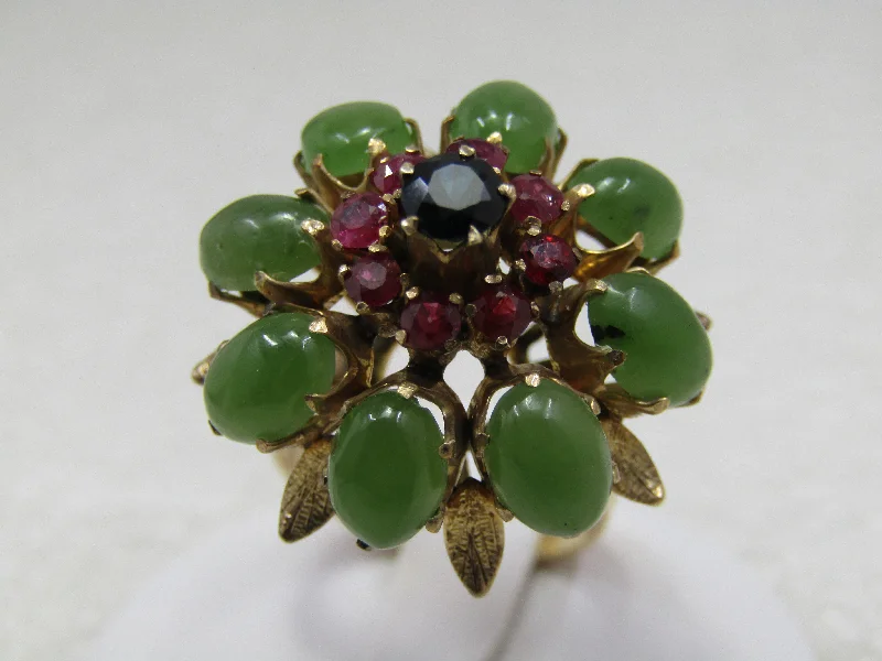 Fox design rings-Vintage 18kt Jade Ruby Sapphire Ring, Sz. 6.75, Domed