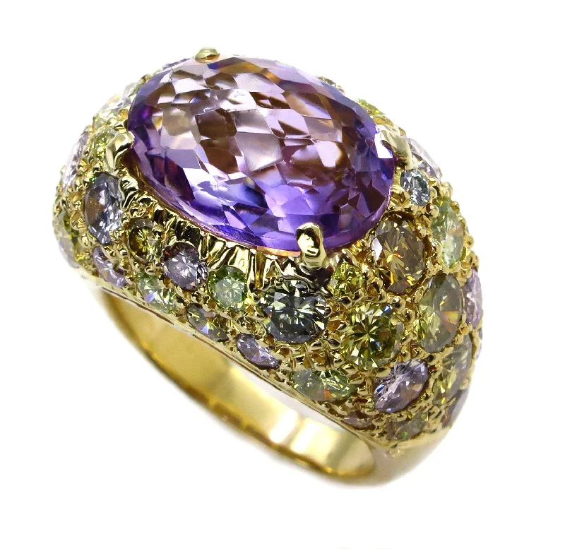 Fox design rings-10.68ct Natural Fancy MULTICOLORED DIAMONDS & Amethyst Dome 18K Yellow Vintage RING