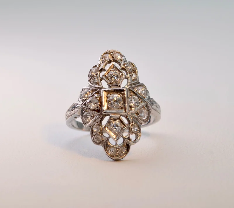 Tide shape rings-14K white gold Antique ring with 20 old mine cut Diamonds, ca.1920