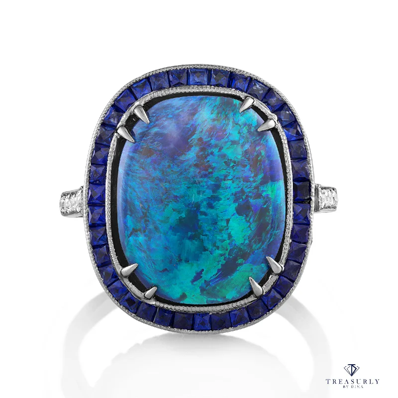 Night gothic rings-8.80ctw Australian Black Opal Diamonds Sapphires Platinum Ring