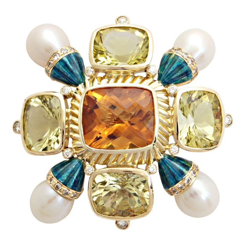 High shine brooch-Brooch-Citrine, Lemon Quartz, Pearl and Diamond (Enamel)