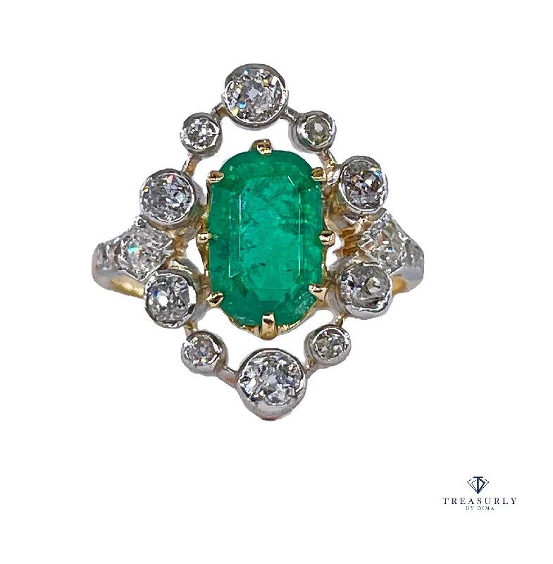 Warm wood rings-Fine Edwardian 3.28ctw GIA COLOMBIA Green Emerald and OLD European Cut Diamond 18K Platinum Ring