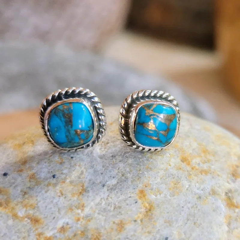 Flat badge earrings-SMALL COPPER  - COPPER TURQUOISE STUD EARRINGS