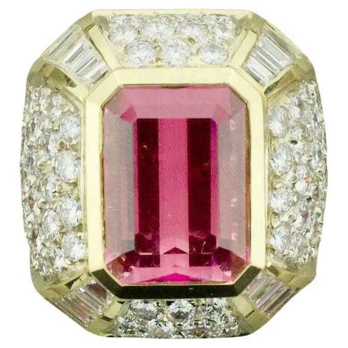 Topaz inlay rings-Huge Diamond and Pink Tourmaline Ring in 18k