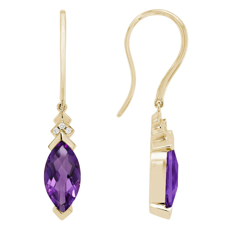 Quartz drop earrings-14K Yellow Gold Amethyst and Diamond Wire Earrings