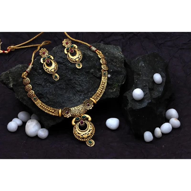 Wide link necklaces-Bhavi Jewels Gold Plated Pota Stone  Necklace Set